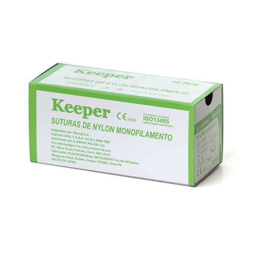 Agujas para sutura enhebradas con mononylon 75 cm. Caja x 12 u. Keeper